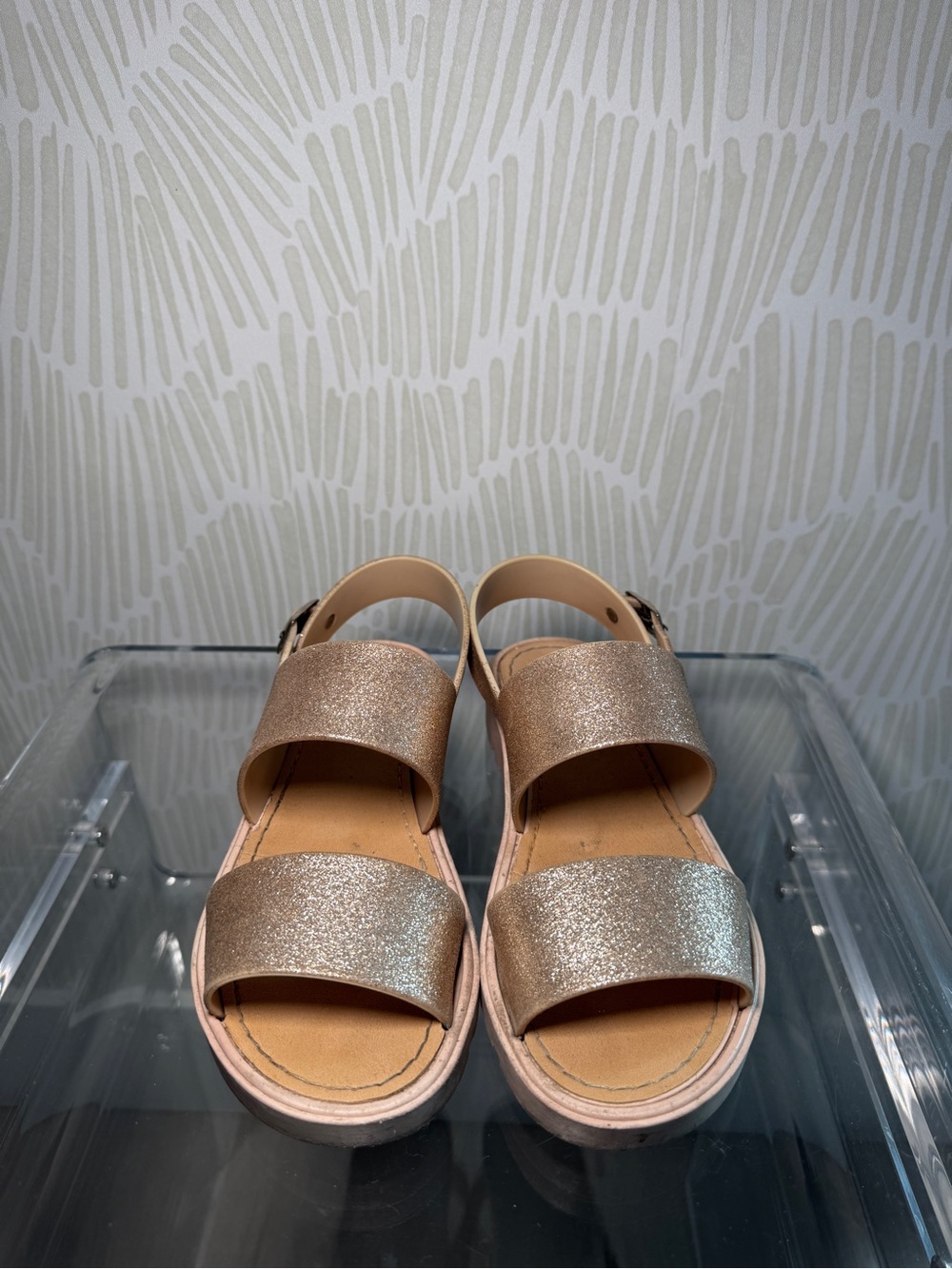 Glitter Double-Strap Slingback Sandals in Rose Gold